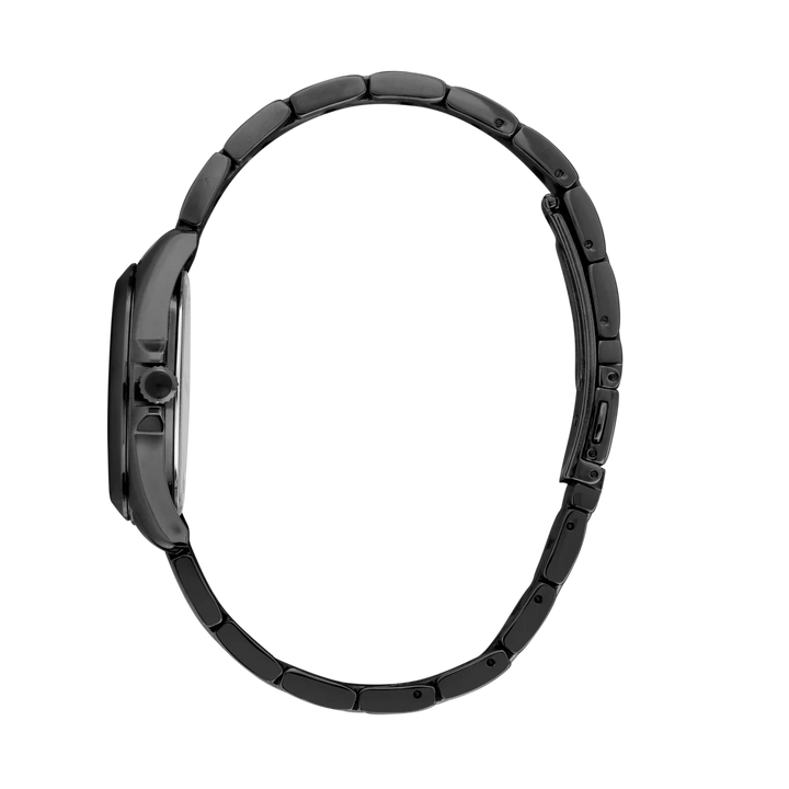 Страничен профил на дамски часовник Karl Lagerfeld Round Essentials с тънък черен PVD корпус и стоманена верижка – часовник R0553101513