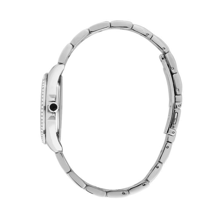 Страничен профил на дамски часовник Karl Lagerfeld Round Essentials с тънък стоманен корпус и сребриста верижка – часовник R0553101510