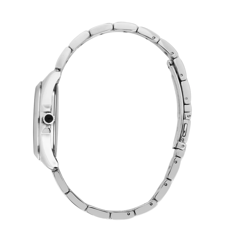 Страничен профил на дамски часовник Karl Lagerfeld Round Essentials с тънък сребрист корпус и стоманена верижка – R0553101517