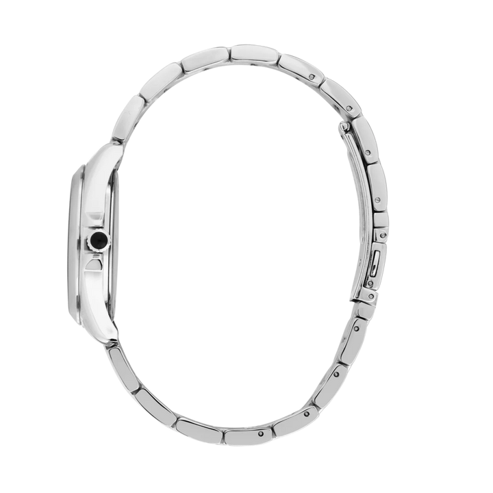 Страничен профил на дамски часовник Karl Lagerfeld Round Essentials с тънък сребрист корпус и стоманена верижка – R0553101517