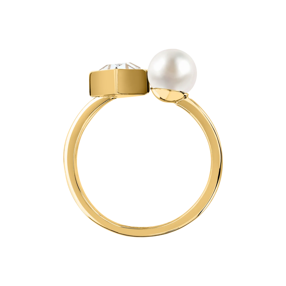 Страничен профил на дамски пръстен Karl Lagerfeld Pearl със златист цвят и бяла перла – модел KLAYR23012