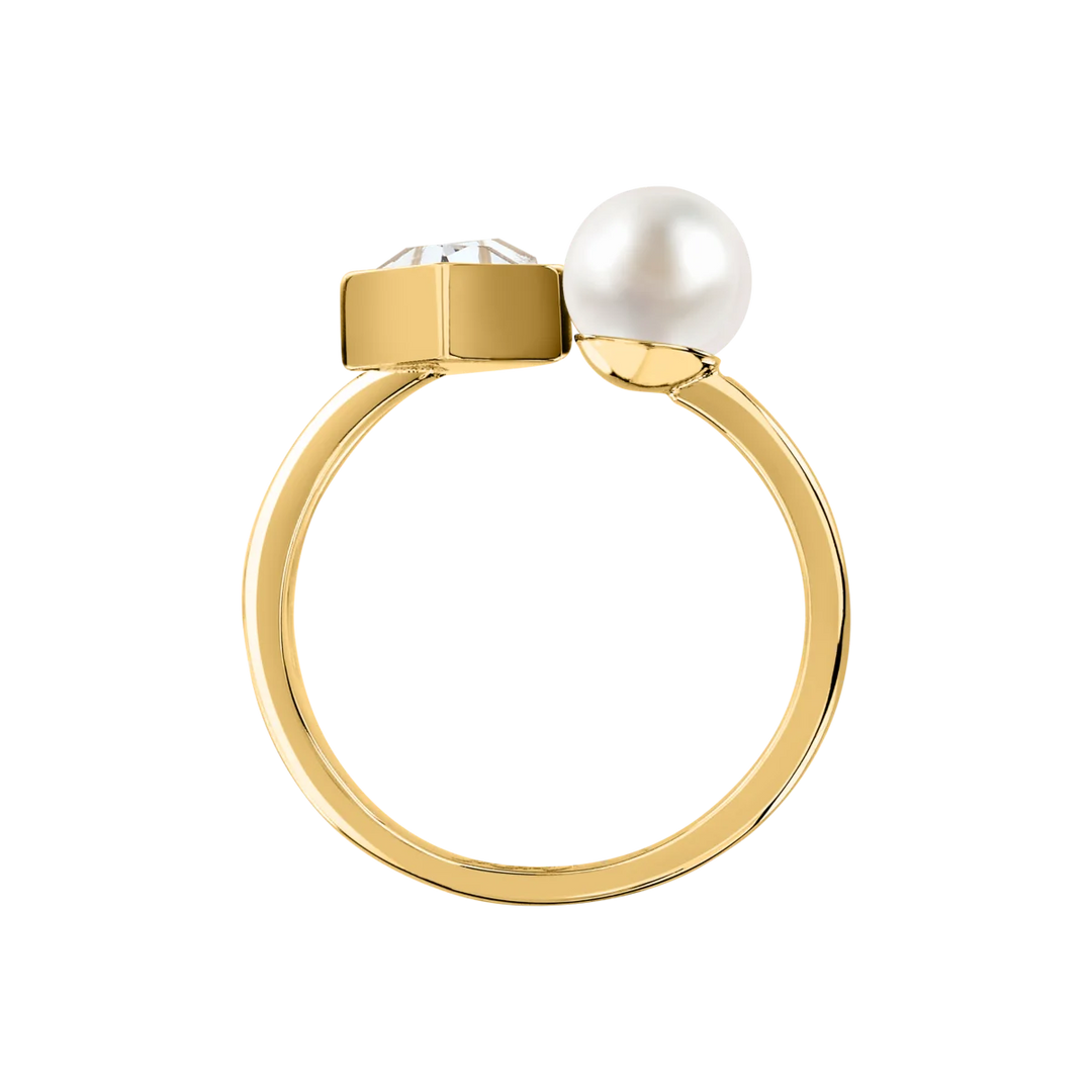 Страничен профил на дамски пръстен Karl Lagerfeld Pearl със златист цвят и бяла перла – модел KLAYR23012