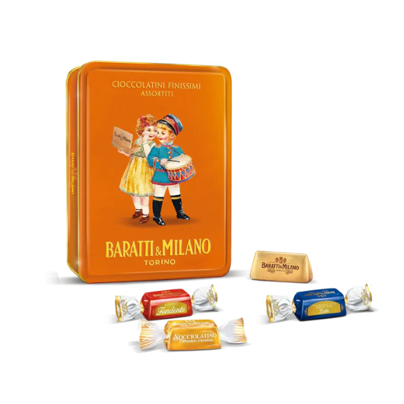 Оранжева метална кутия с шоколадови бонбони без глутен.