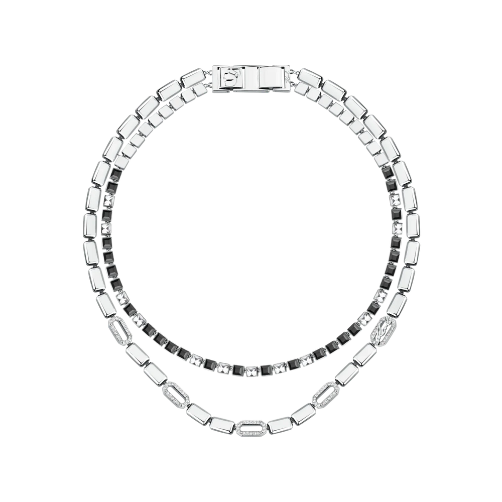 Statement колие Karl Lagerfeld Crystals с двоен ред правоъгълни звена и кристали в сребристо и черно – KLAYC01