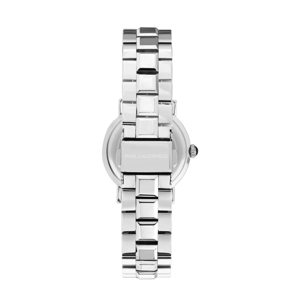 Стоманена верижка и закопчалка тип deployment на дамски часовник Karl Lagerfeld Crystals в сребристо – модел R0553100511