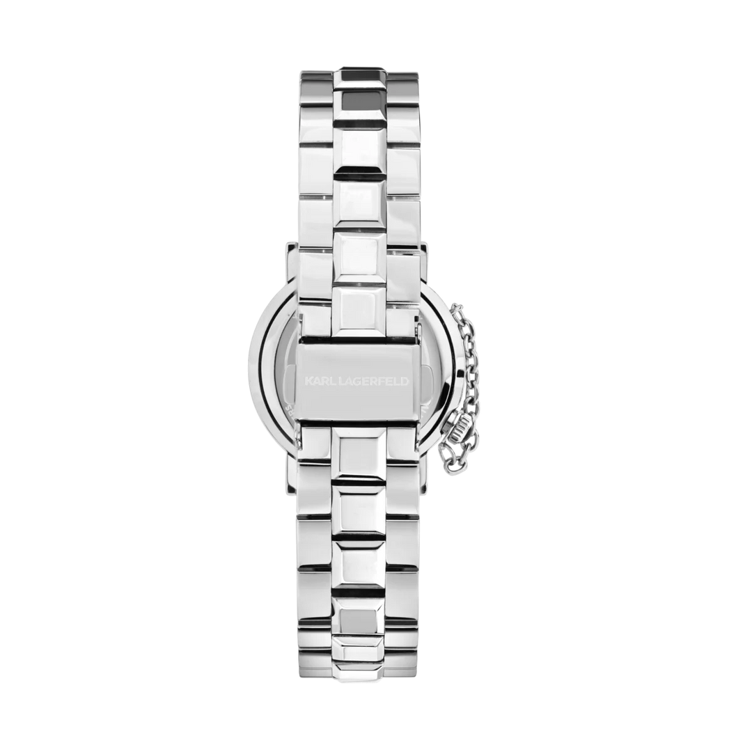 Стоманена верижка и deployment закопчалка на дамски часовник Karl Lagerfeld Crystals в сребристо – модел R0553100505