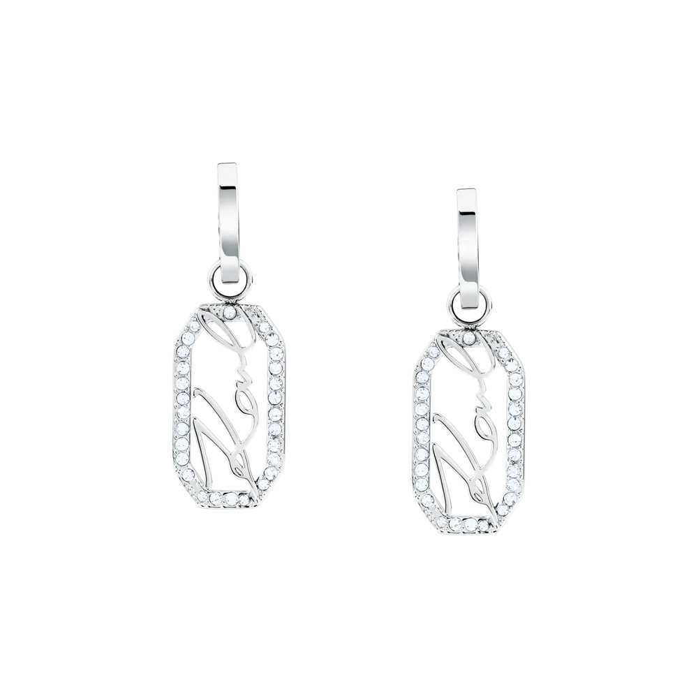 Висящи обеци с кристали с отворени правоъгълни висулки и стилизиран надпис Karl в центъра.