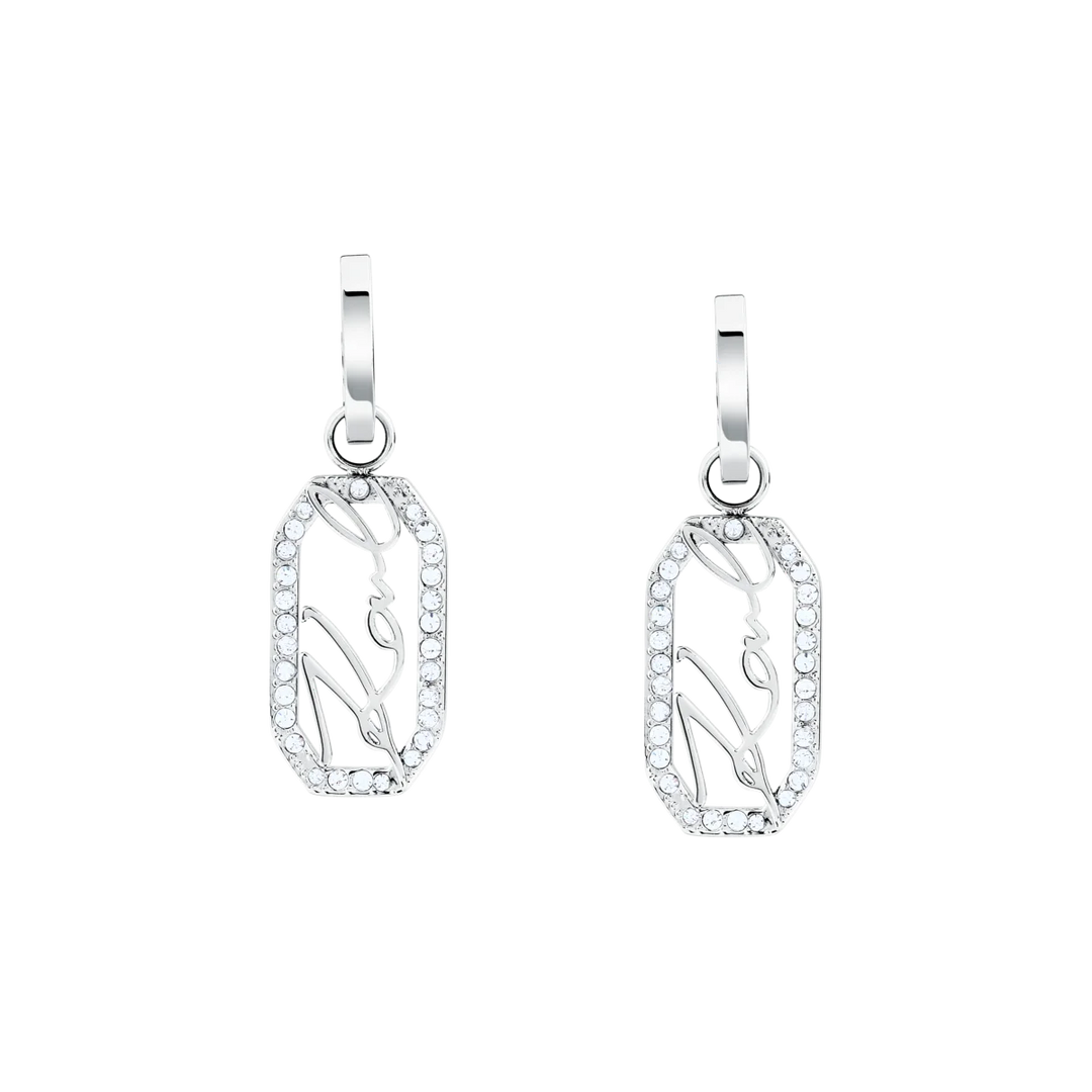 Висящи обеци с кристали с отворени правоъгълни висулки и стилизиран надпис Karl в центъра.