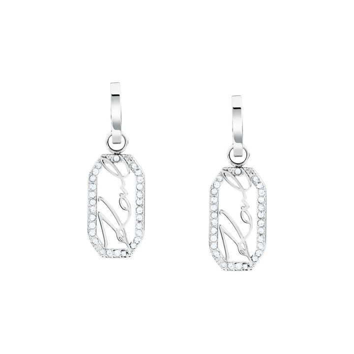 Висящи обеци с кристали с отворени правоъгълни висулки и стилизиран надпис Karl в центъра.