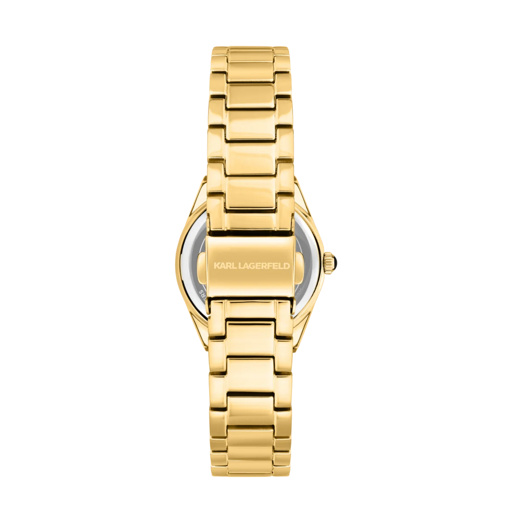 Гръб и сгъваща се закопчалка на дамски часовник Karl Lagerfeld Hamburg със златна стоманена верижка – модел R0553105501
