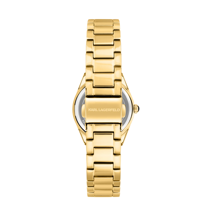 Гръб и сгъваща се закопчалка на дамски часовник Karl Lagerfeld Hamburg със златна стоманена верижка – модел R0553105501
