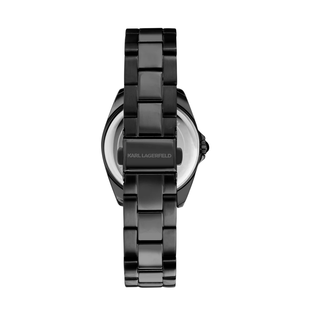 Гръб и разгъваща се закопчалка на дамски часовник Karl Lagerfeld Round Essentials с черна стоманена верижка – модел R0553101513