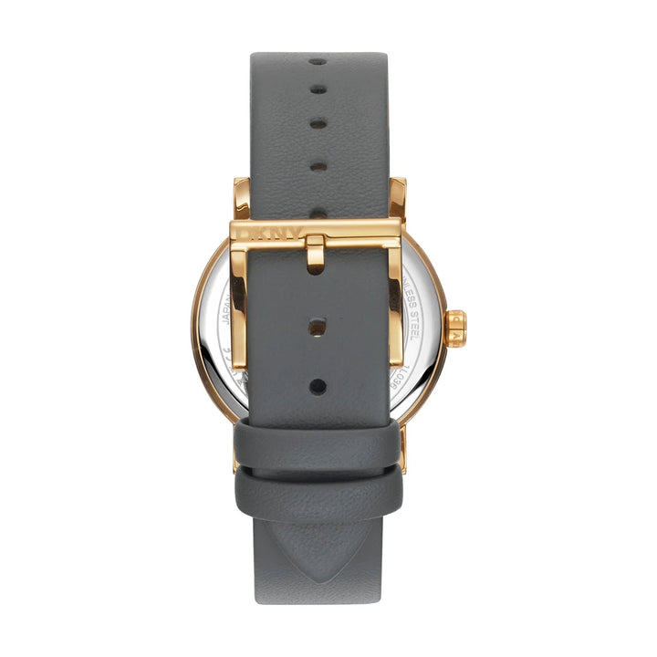 Гръб на дамски часовник DKNY Soho Midi – сива кожена каишка 18 мм и златиста катарама, модел DK1L036L0025