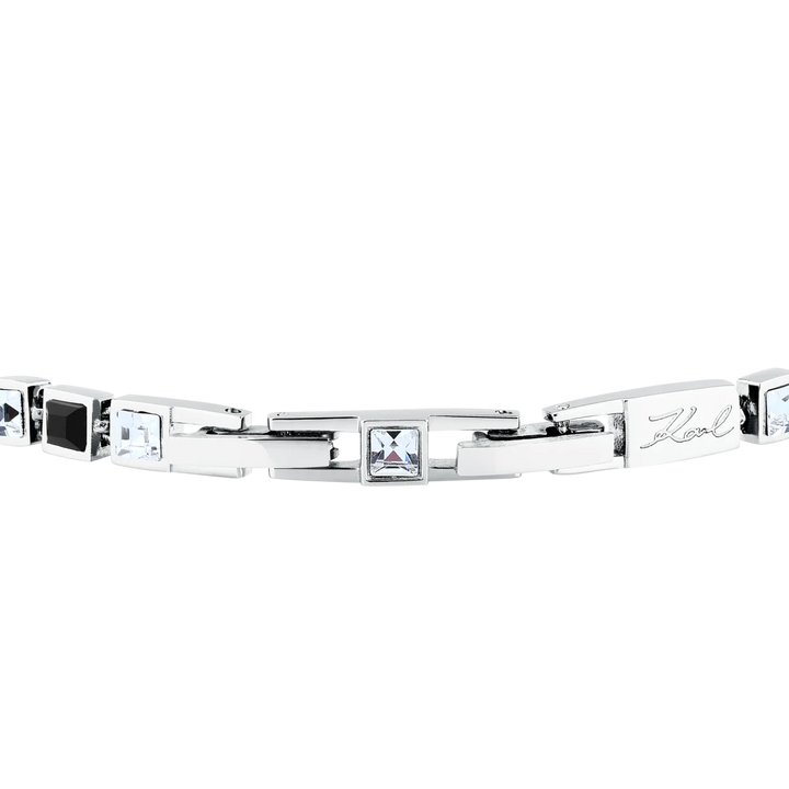 Сгъваща се закопчалка и гравиран подпис Karl на сребриста тенис гривна Crystals – модел KLAYC27