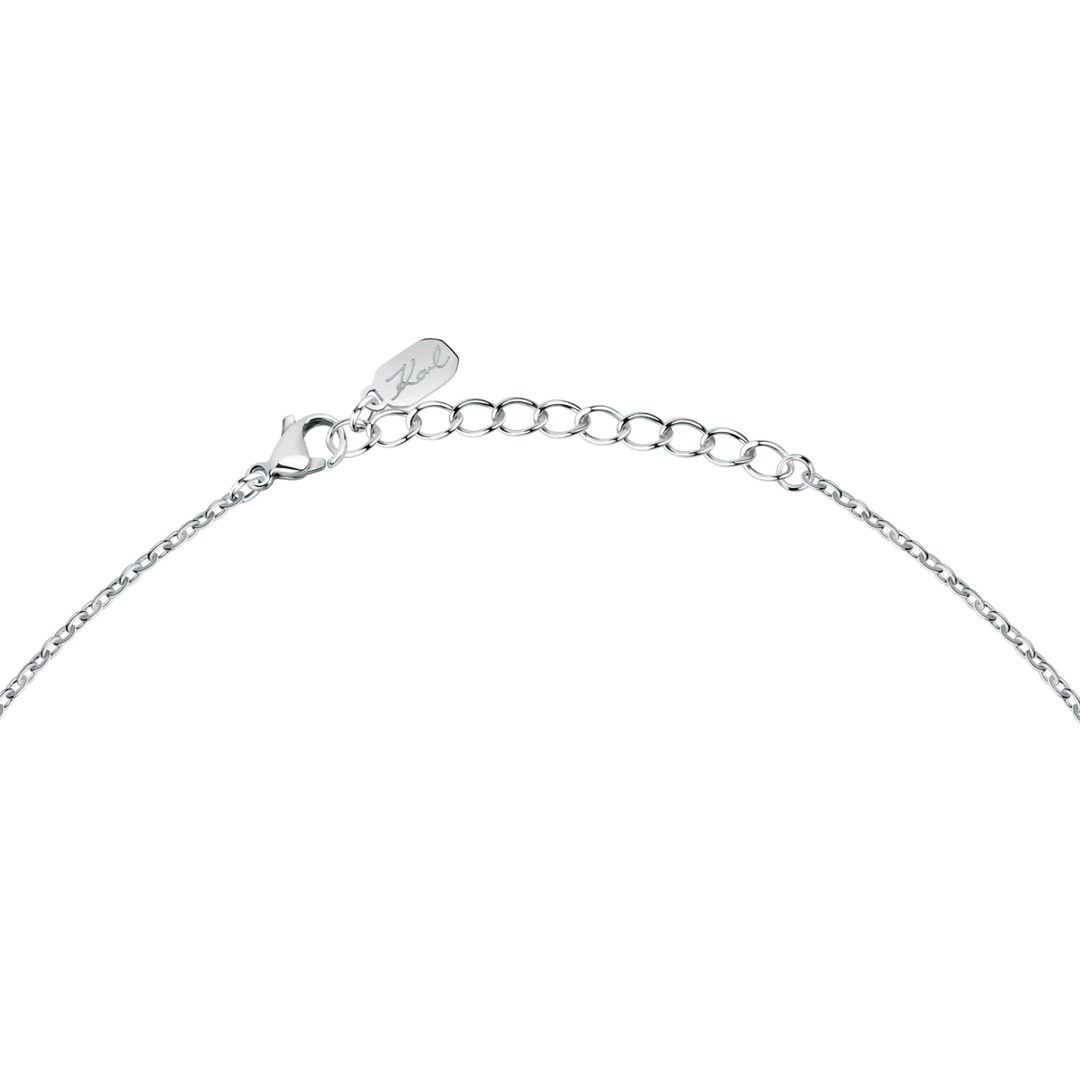 Карабинерно закопчаване и удължител с плочка с подпис Karl на сребристо колие Crystals – модел KLAYC63