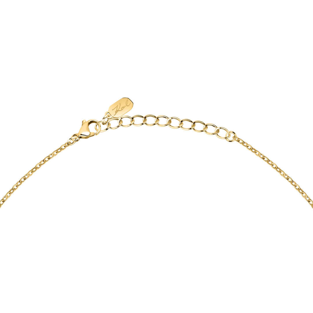 Закопчаване тип карабинер и удължител с плочка с подпис Karl на златисто колие Crystals – модел KLAYC58