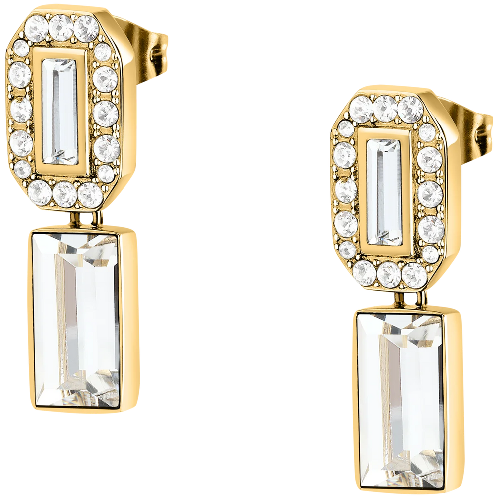 Златисти обеци Karl Lagerfeld Crystals с овален елемент и багетни бели кристали – KLAYC40