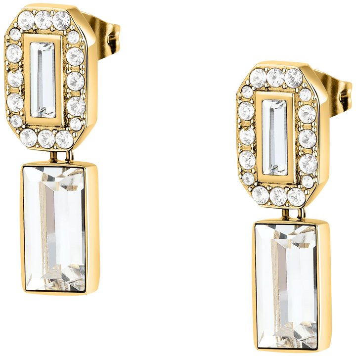 Златисти обеци Karl Lagerfeld Crystals с овален елемент и багетни бели кристали – KLAYC40