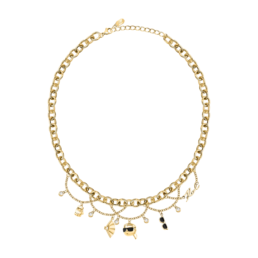 Златно колие с висулки и кристали, показано в цял размер с тройна верига и чармове.